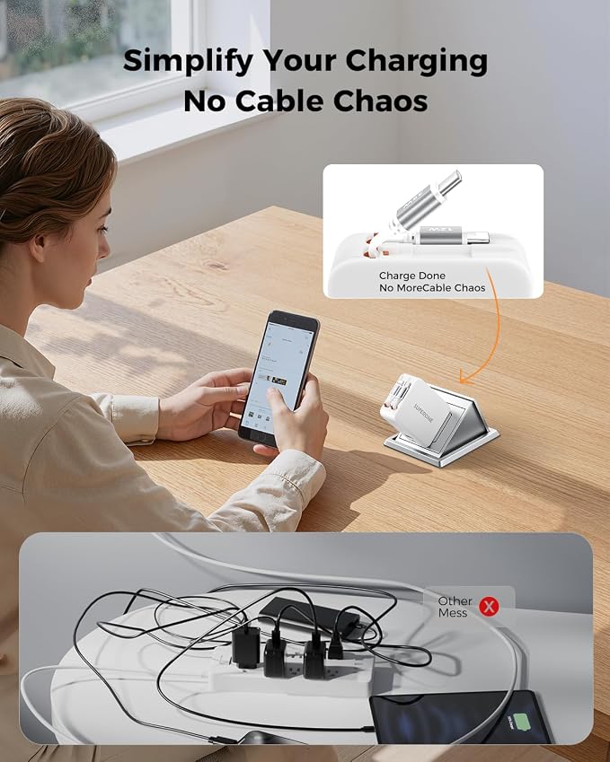 SUPERONE 4 in 1 Retractable Wall Charger with Dual USB C Cables 78W Fast Charging iPhone 17 Retractable USB C Charger with Dual Ports for iPhone 17 Pro Max/16/15/14/13/12 Pad Galaxy Pixel