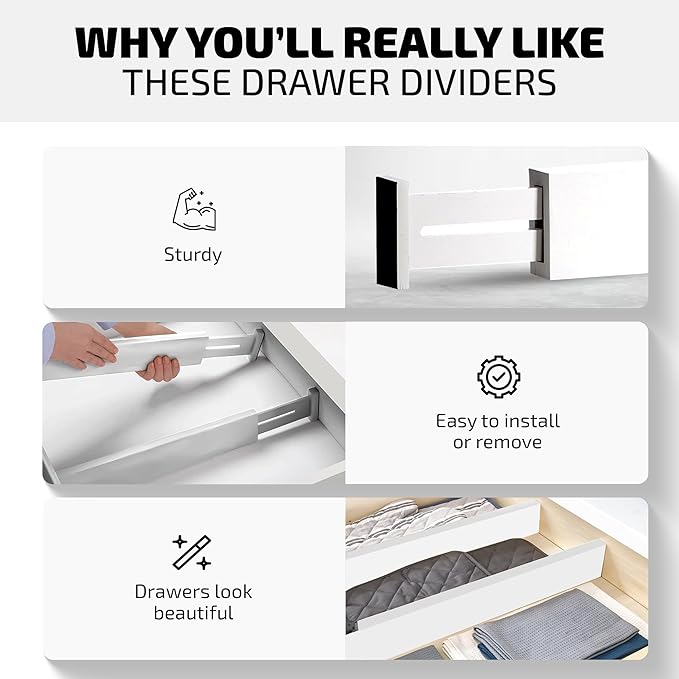 4-Pack Bamboo Drawer Dividers - 2.6" High, 12.5"-17" Adjustable Drawer Organizers for Clothes, Expandable Dresser Separators in Bedroom/Bathroom/Kitchen/Office Organization and Storage (White)