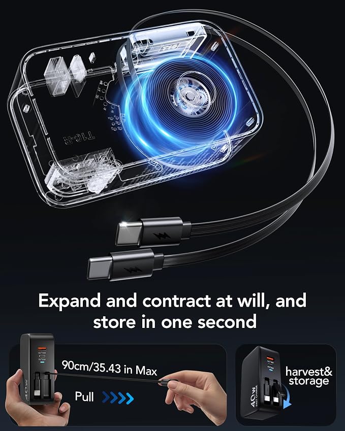 4-in-1 Retractable USB C Wall Charger40W Fast Charging for Multi-Device | Retractable ChargerFoldable PlugExtra USBC &amp A PortsDual 35.5in CablesMultiple Devices Charger for iPhone/Galaxy/Pixe
