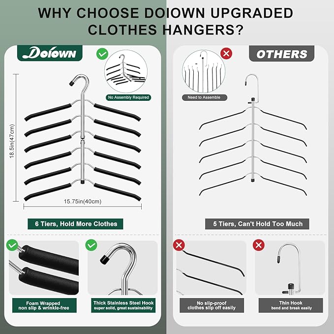 DOIOWN Space Saving 6 Tier Coat Hangers - Non Slip Foam Padded, Black Metal Sweater & T Shirt Hangers for Men & Women, 2 Pack Closet Organizers