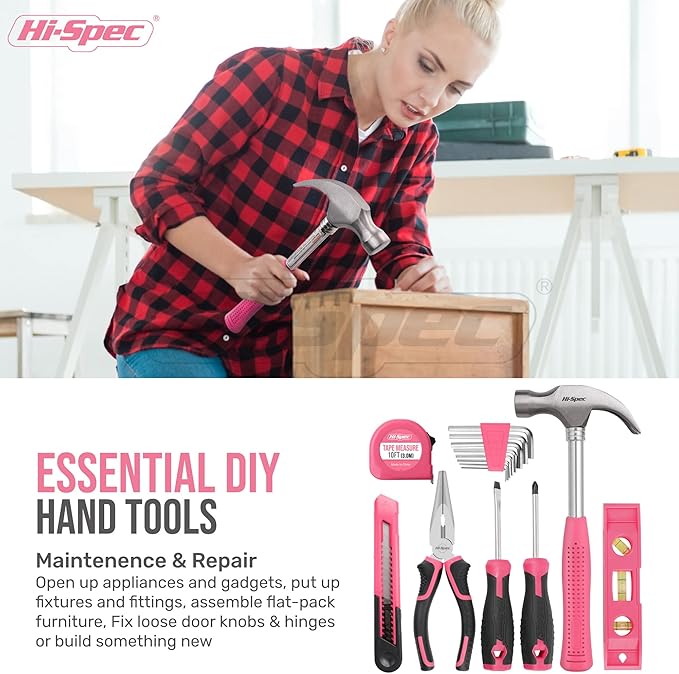 Hi-Spec 58pc Pink 8V USB Electric Power Cordless Drill Driver and Womens Ladies Home DIY Tool Kit Set. Screwdrivers, Drill Bit Set Accessories, Pliers and Hammer In a Toolbox Case
