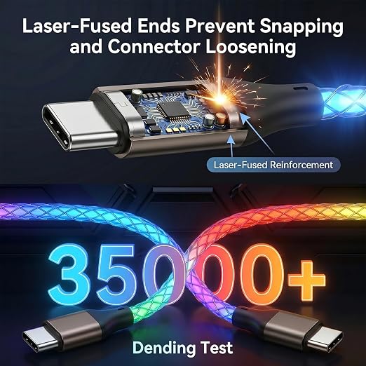 USB C to USB C Cable Light up C to C Cable Fast Charging USBC to USBC Cable | Led Breathing Type C Charger Cable for iPhone 17/16/15 Pro Max MacBook AirSamsung Galaxy S26/S25/S24 Ultra(RGB 6FT)