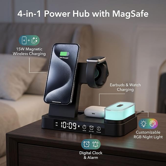 EBTOOLS 4 in 1 Magnetic Charging Station Wireless Charger Stand with LED Display Digital Clock Alarm RGB Night Light for Smartphones Watch Earbuds (Black)