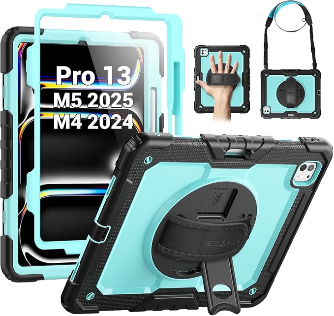 SEYMAC for iPad 9th/8th/7th Generation Case 10.2 2021-2019 Full-Body Shockproof Protective Case with Screen Protector Rotating Stand/Handle/Shoulder Strap for iPad 10.2 Blue/Black