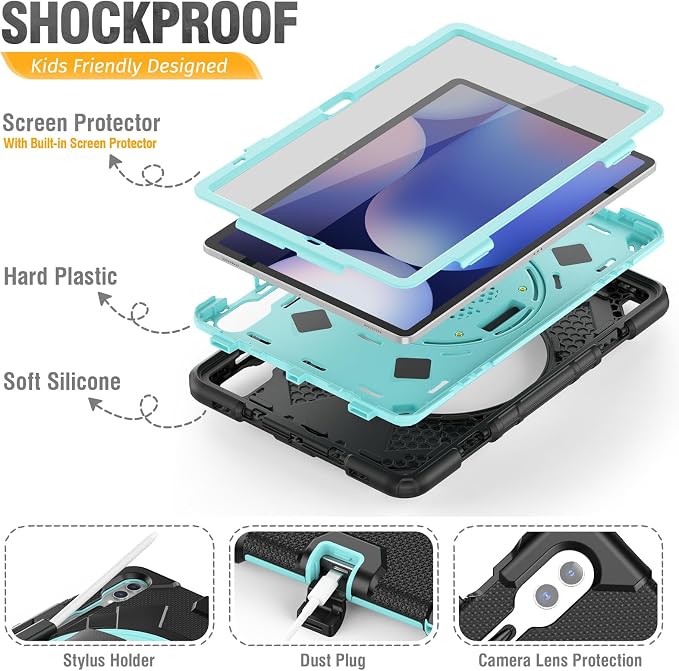 HXCASEAC Case for Samsung Galaxy Tab S10+ Plus / S9 Fe+ / S9+ 5G 12.4 inch Protective with Screen Protector/S Pen Holder/ 360 Rotating Stand Hand Strap - Black