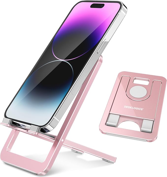 Cell Phone Stand for Desk - Foldable Aluminum Phone Holder Portable Travel Essentials Adjustable Desktop Dock for iPhone 17 16 15 14 Pro Max Android (Pink)