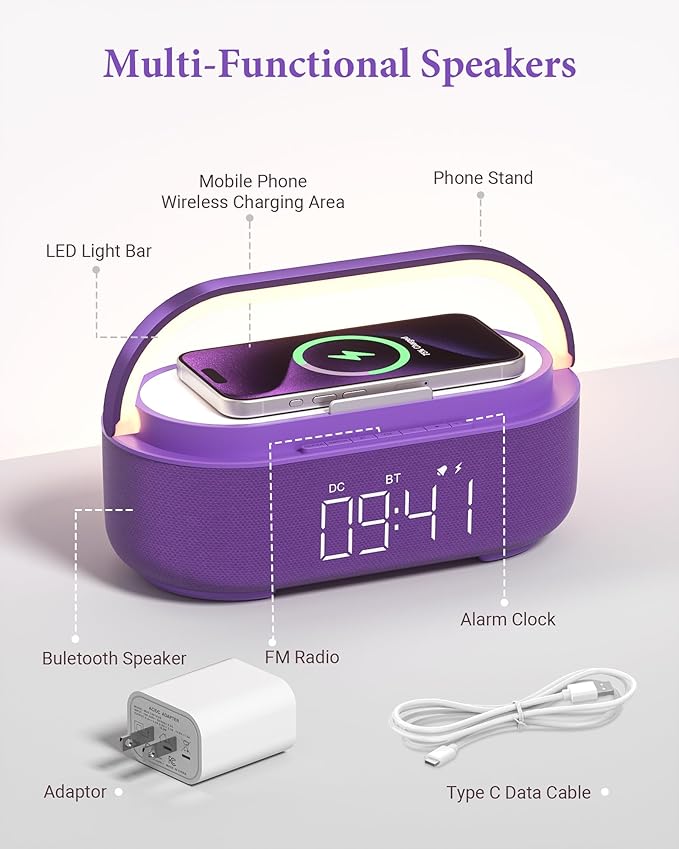 COLSUR Bluetooth Speaker Alarm Clock with Wireless Charger, FM Radio, Adjustable LED Night Light, 6 in 1 Bedroom Portable Speaker 2500mAh, Phone Stand for Bedside, Home, Office, Gift (Purple)