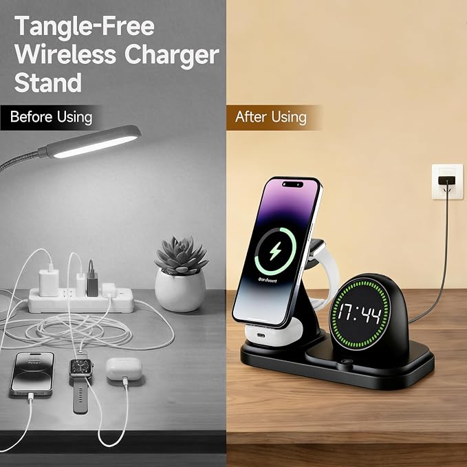 6-in-1 Wireless Charging Station with 30W Fast Adapter RGB Ambient Light Digital Clock &amp Bluetooth Speaker Multi-Function Desktop Charger for Wireless Charging Phones Earbuds &amp Watch