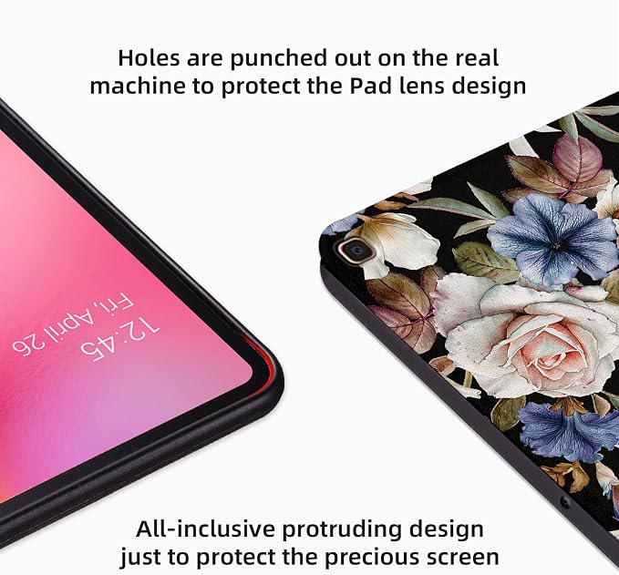 Case for Samsung Galaxy Tab A 10.1 Case 2019 Only Fit (SM-T510/ SM-T515/ SM-T517 Case) Premium PU Leather Cover Shockproof Protective Cover Folding Stand Case Black Flowers