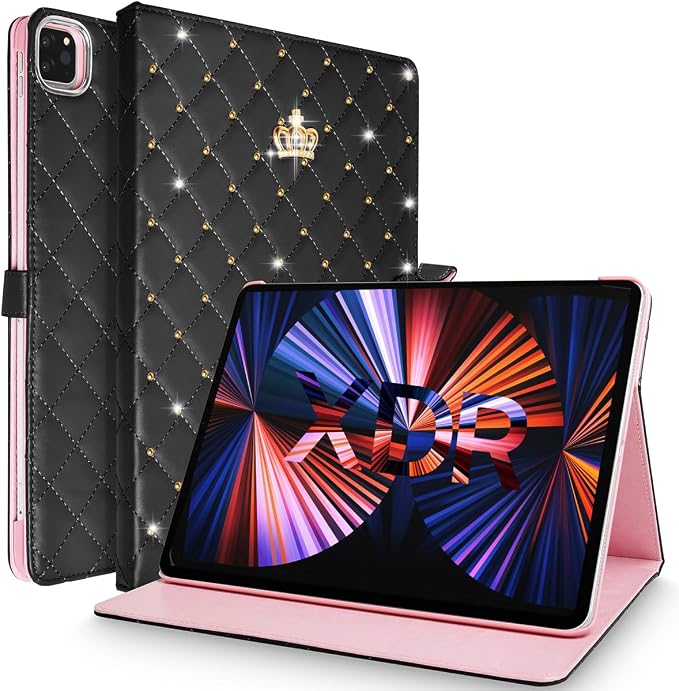 for iPad Pro 11 inch Case 2022(4th Gen)/2021(3rd Gen)/2020(2nd Gen)/2018 (1st Gen)Cute Crown Bling Diamond PU Leather Smart Auto Sleep/Wake Stand Shockproof Cover for iPad Pro 11 Inch Black