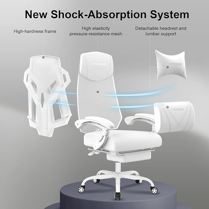 GTRACING Gaming Chair, Computer Chair with Mesh Back, Ergonomic Game Chair with Footrest, Reclining Game Chair with Adjustable Headrest and Lumbar Support for Gaming and Office (White)