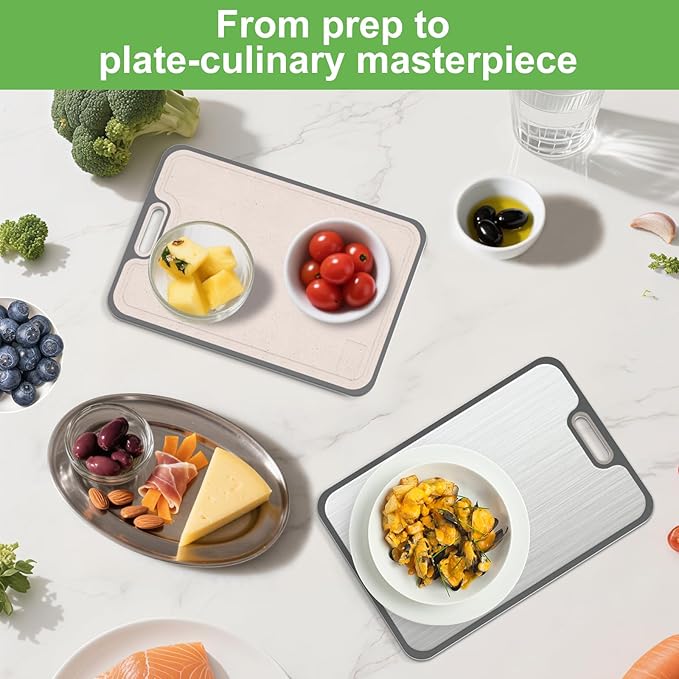 Ghims 2IN1 Titanium Cutting Boards for Kitchen,Metal Cutting Boards With Pure Titanium and Wheat Straw PP,Double Sided Chopping Board with Juice Groove Dishwasher Safe Easy to Clean Non Toxic 15"X10"