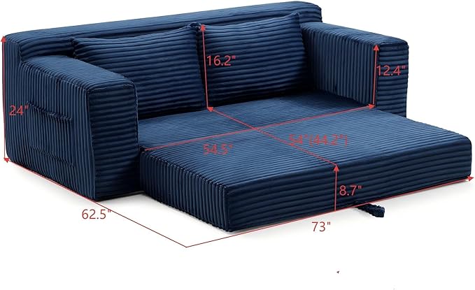 73" Cloud Loveseat Sofa Couch in a Box, 2 Seater Boneless Couch, Convertible Pull Out Sofa Bed with Pillows, No Assembly, Memory Foam, Modern Small Couches for Small Spaces (A-Blue)