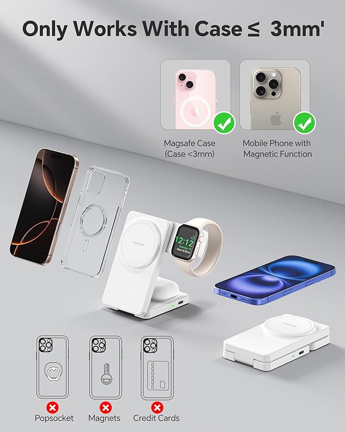 3 in 1 Charging Station for iPhone 16/15/14/13/12 Series, Wireless Charger for Apple Watch，Travel Magnetic Charging Stand for AirPods (White)