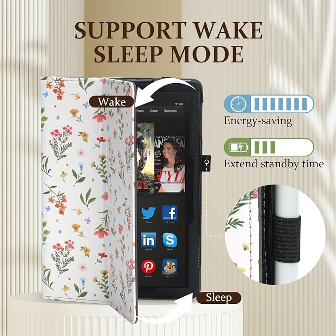 Fancity Case for Kindle Fire HD 10/10 Plus 13th/11th Generation 2023/2021 | Premium PU Leather Protective Case with Adjustable Angles Auto Wake/Sleep Hand Strap for Fire HD 10/10 Plus Black Floral