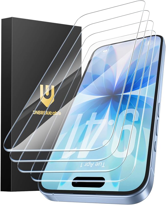 UNBREAKcable 4-Pack iPhone 15 Screen Protector 9H Hardness | 9H tempered glass | 99.99% HD clarity | Double Shatterproof|alignment frame easy install | case-friendly