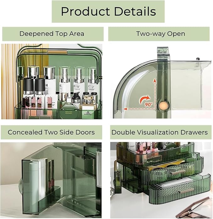 Makeup Organizer, Waterproof & Dustproof Cosmetic Display Cases with 2-Layer and Transparent Cover, Skincare Display Boxes,Makeup Caddy Holder for Vanity Countertop, Bathroom, Dresser, Bedroom, Green