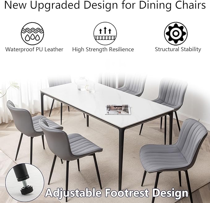 Leather Dining Chairs Set of 6, Upholstered Dining Room Chairs with Metal Legs, Modern Dining Chair for Dining Room, Kitchen (Grey)
