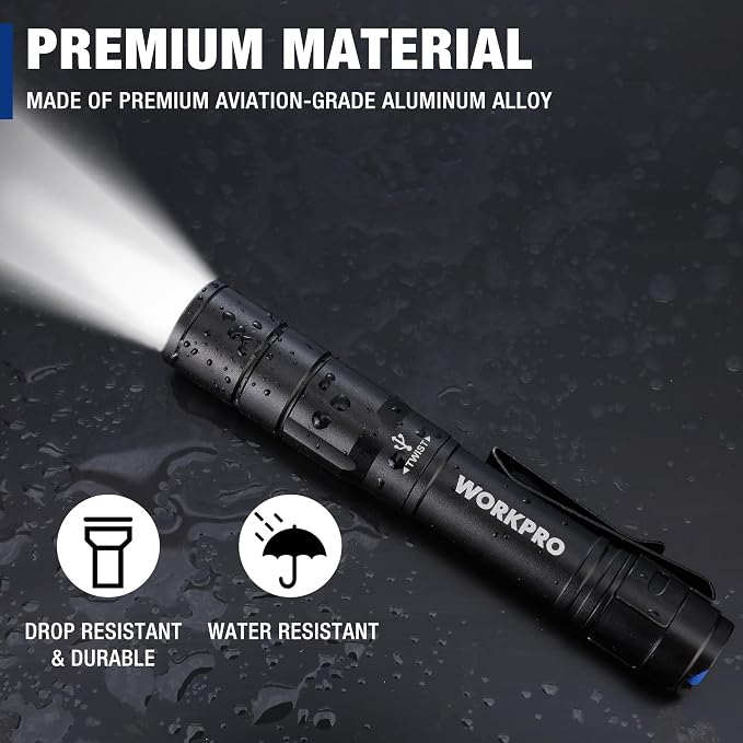 WORKPRO Rechargeable Pen Light 2 Pack Ultra-Compact EDC Flashlight Black | Mini Flashlight Pocket Flashlight with Clip Memory Function and 2 x USB C Cable Included