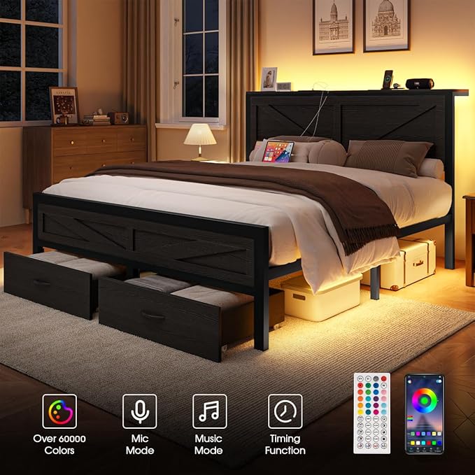 Rustic Queen Bed Frame with Storage Drawers and Barn Door Headboard, Farmhouse LED Bed Frame Queen Size with Charging Station, Metal Industrial Platform Bed Frames, No Box Spring Needed, Black