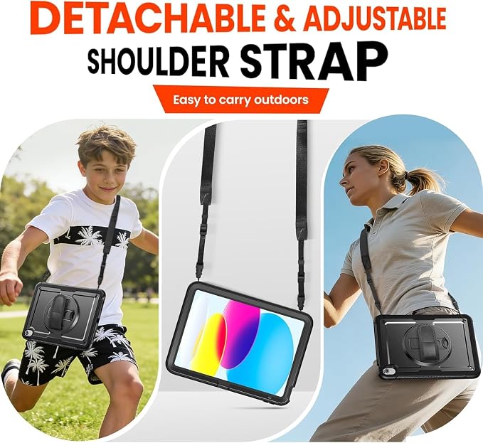 Case for iPad (A16) 11th/10th Generation 11''/10.9'' 2025/2022: Shockproof Protective Case with Hand/Shoulder Strap Pencil Holder Rotate Stand Screen Protector Black