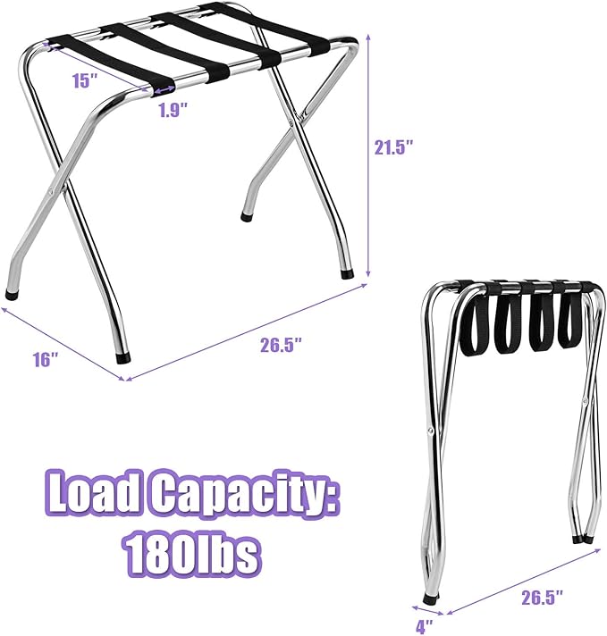 Tangkula Chrome Luggage Rack for Guest Room, No Assembly Required, Folding Metal Suitcase Stand with Nylon Belts, for Home Bedroom Guest Room Hotel, Luggage Rack, Silver (3)