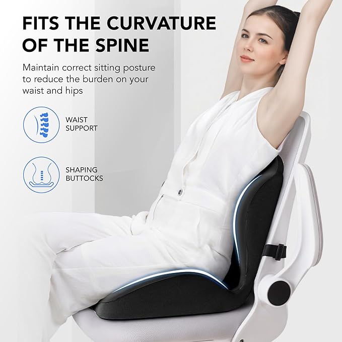 Ergonomic Waist Support and seat Cushion, 2-in-1 Memory Foam pad, Hollow Design for The Coccyx, Suitable for Office Chairs, car Safety Seats and Household use - relieves Lower Back and Hip Pain Black