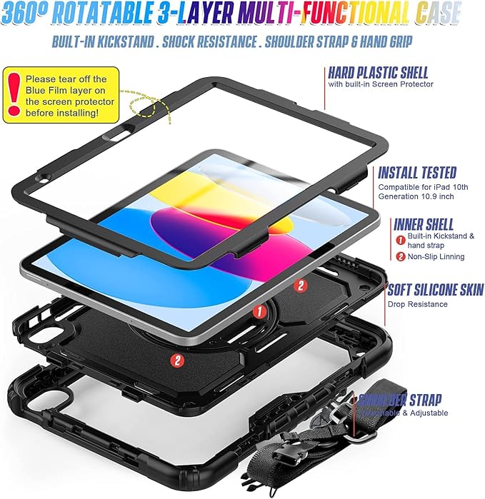 Case Compatible with iPad (A16) 11th 2025/10th Gen 2022 | Built-in Screen Protector Pen Holder Heavy Duty Shockproof Rugged Protective Case W/Handle Shoulder Strap