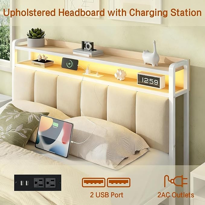 Twin Bed Frame with Storage Headboard, Metal Platform Bed Frames Twin with LED Lights and Charging Station, Heavy Duty Metal Slats, No Box Spring Needed, Easy Assembly, Beige