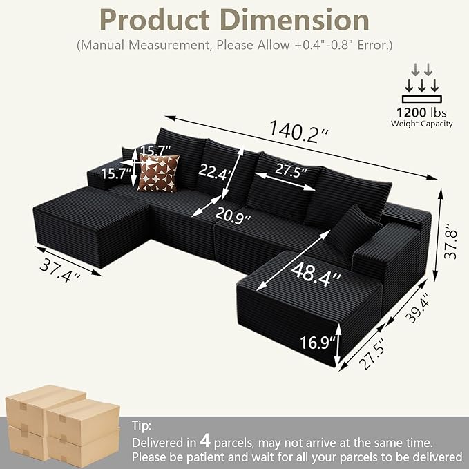 140" Sectional Cloud Couch for Living Room, Stupendous U Shaped Sofas, Modular Floor Deep-Seat Sofa, Big Comfy Corduroy Couches Set with Fluffy Memory Foam, No Assembly Required, Black