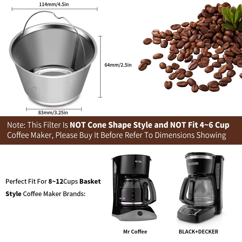 8-12 Cup Reusable Basket Coffee Filters, Perfect Fit for Mr. Coffee, Black & Decker, Krups Coffee Makers