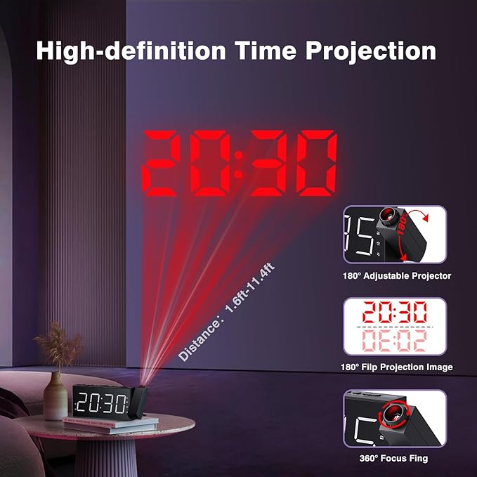 Mesqool Projection Alarm Clock with FM Radio,Large Number Display & Dimmer,USB Charger,Sleep Timer,Battery Backup,Dual Alarms,Clock Radio for Bedroom Heavy Sleepers