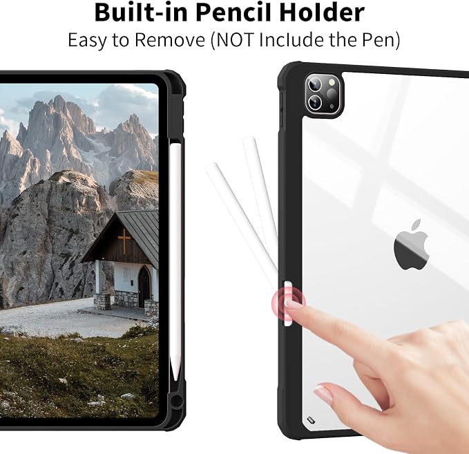 Clear Case for iPad Pro 12.9 inch 6th/5th/4th/3rd Gen 2022/2021/2020/2018 with Pencil Holder Lightweight Shockproof Trifold Stand Transparent Acrylic Back Cover Auto Wake/Sleep Black