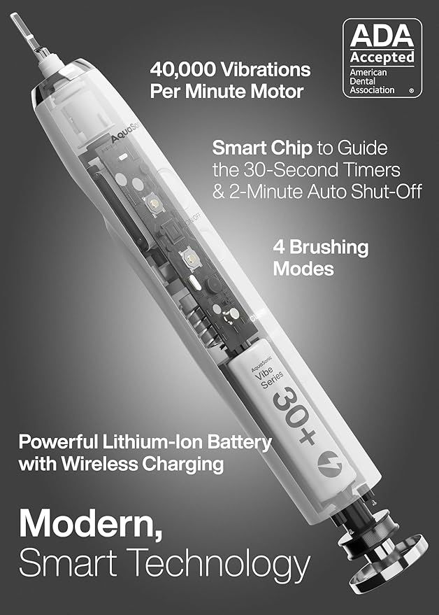 Aquasonic Vibe Series Ultra-Whitening Toothbrush – ADA Accepted Electric Toothbrush - 8 Brush Heads & Travel Case – 40,000 VPM Motor & Wireless Charging - 4 Modes w Smart Timer – Optic White