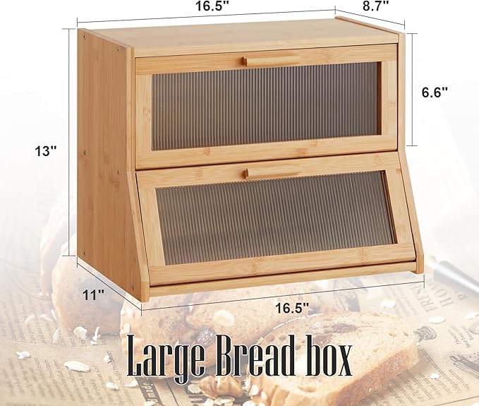 GHWIE Double Layer Bamboo Bread Box for Kitchen Counter,Large Capacity Bread Storage Bin,Bread Container with Acrylic Wavy Door Panel (Natural, Medium)