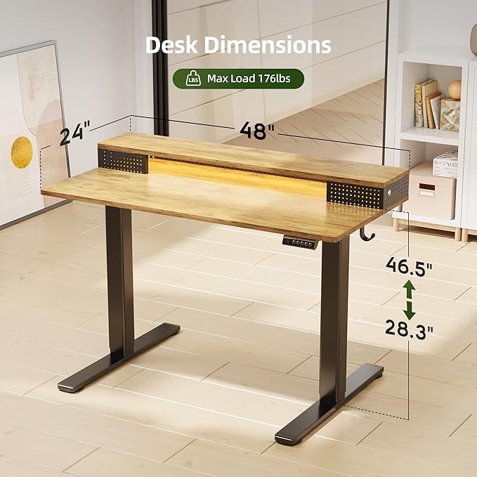 Claiks Electric Standing Desk with Shelf, 48 Inch Height Adjustable Standing Desk with LED Lights & Monitor Stand, Black Frame/Rustic Brown Top
