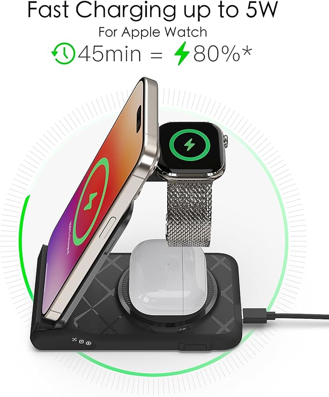 3 in 1 Charging Station for Multiple Devices,Travel Wireless Charging Station, Foldable Charger for iPhone 17 Air 16 15 14 13 12 Series,& Android Phone,& iWatch (USB-C Adapter Included)