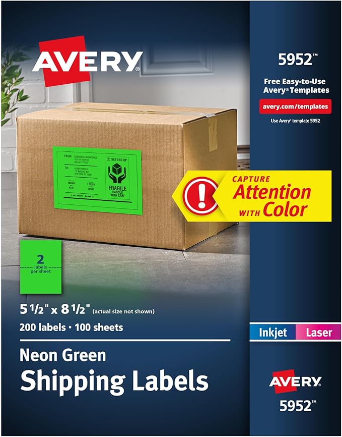 Avery Printable Shipping Labels, 5-1/2" x 8-1/2", Neon Green, Laser & Inkjet Compatible, 200 Blank Labels Total, Great for Branding, Mailing, Organizing, and More (5952)