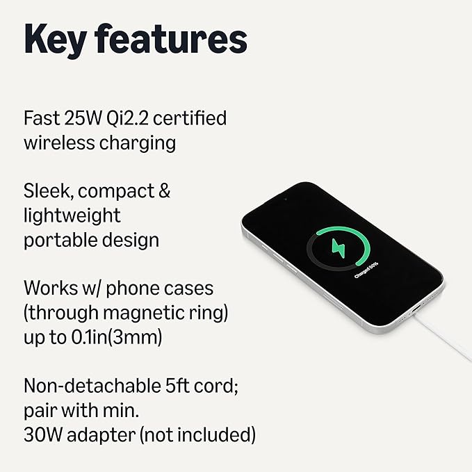 Amazon Basics 25W Qi2.2 Certified Wireless Charging Pad MagSafe Compatible for iPhone 17/16/15/14/13/12 Magnetic Compatible for Android Google Smartphones Black (Adapter Not Included)