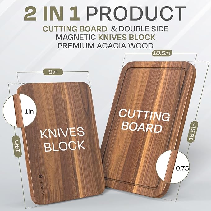Magnetic Knife Block Countertop and Acacia Wood Chopping Board, Extra Large