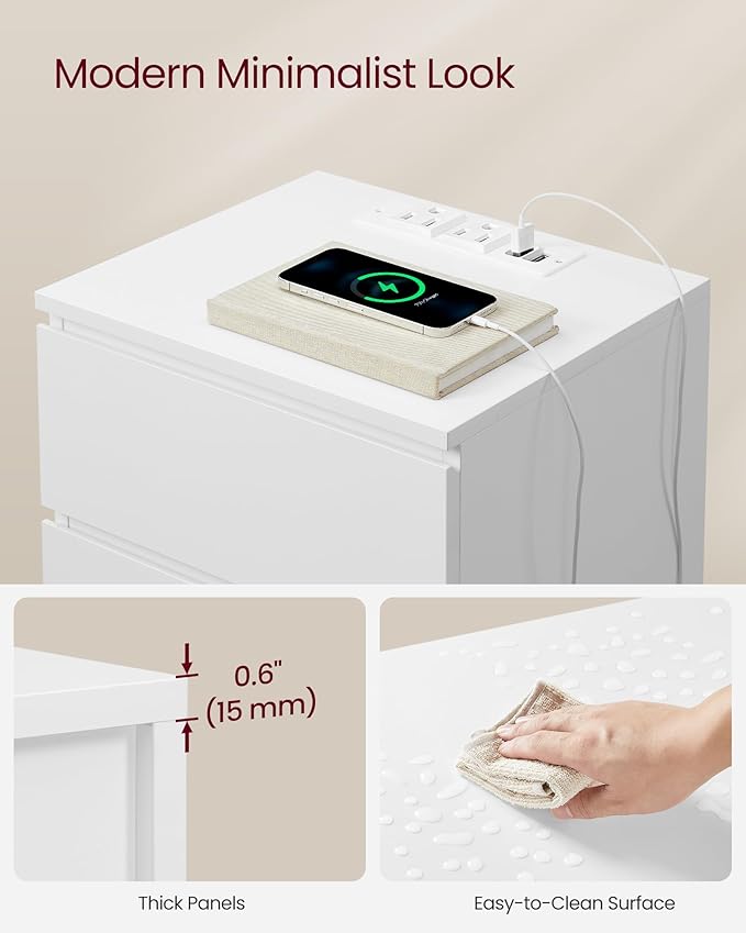 VASAGLE Nightstands with Charging Station, Set of 2, AC Outlets and USB Ports, Bedside Tables, Side Tables with 3 Drawers, Modern Style, 13.8 x 15.7 x 23.2 Inches, Cloud White ULET731W16