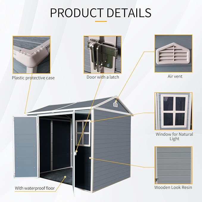 8x6 FT Outdoor Storage Resin Shed with Floor, Plastic Garden Tool Shed with Sloped Roof, Lockable Door & Windows, Easy to Assemble Bike Shed for Lawn, Backyard, Patio, Grey