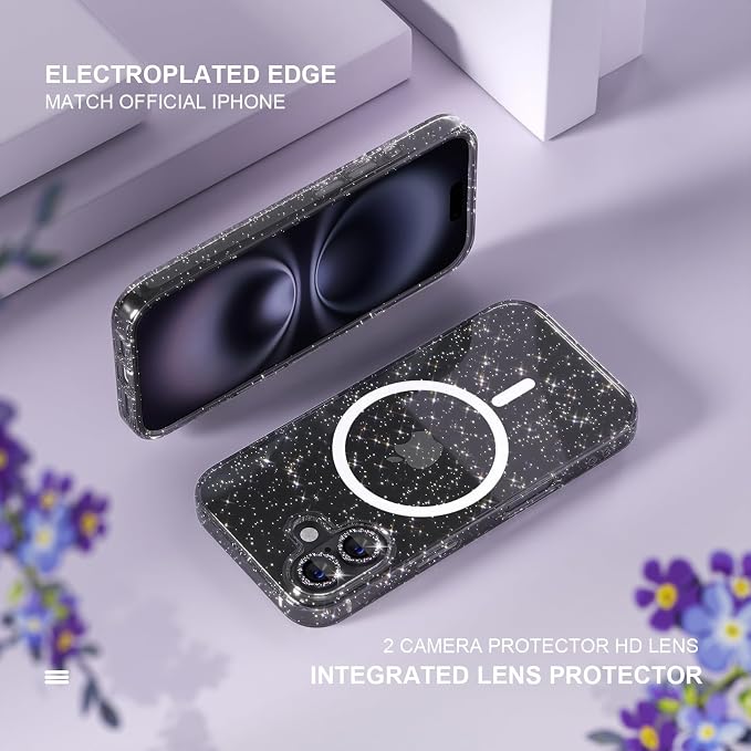 Choiche for iPhone 15 Pro Max Case Compatible with MagSafe Glitter Black | Women Girly Cute Glitter Sparkly Magnetic Phone Case with Diamond Camera Lens Protectors Military-Grade Drop Protection 6.7