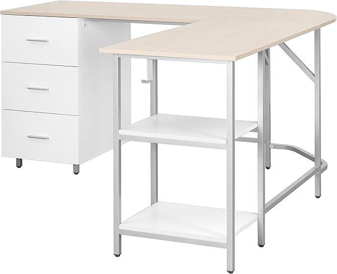 Techni Mobili L Shaped Desk - Two-Toned Computer Desk with Drawers & Storage Shelves - Simple Modern Furniture & Home Office Space Corner Table for Work & Writing