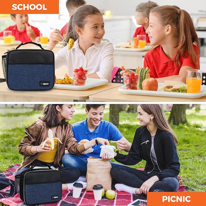 opux Insulated Lunch Bag Kids, Lunch Box for School Boy Girl, Leakproof Small Reusable Compact Soft Mini Cooler Bag, Toddler Small Lunch Boxes Kit Pail with Front Side Pockets (Navy)