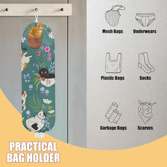 2 Pcs Cute Cat Plastic Bag Holder, Floral Plastic Storage bag Holders for Grocery Bags, Washable Large Grocery Bags Storage Dispenser for Home Kitchen Pantry Decor, Cat Lover Gifts for Women