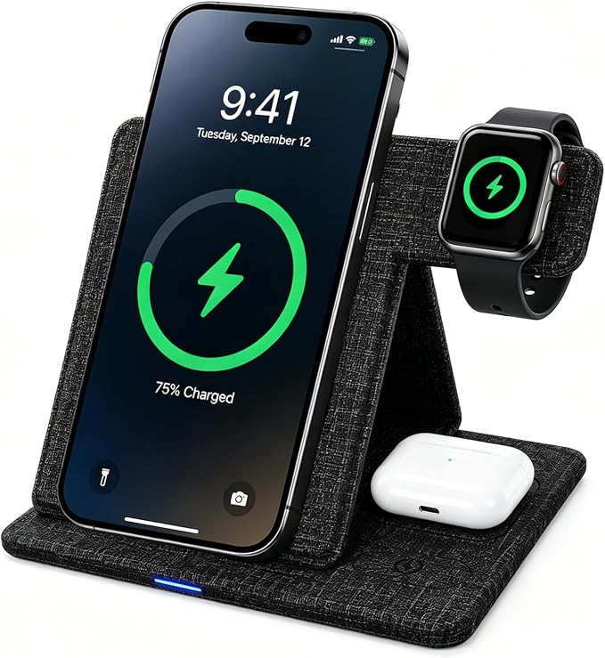3 in 1 Wireless Charging Station Foldable Wireless Charger Stand for iPhone 15/14/13/12 Apple Watch Series 9/8/7/6/5/4/3/SE AirPods Pro 2/3 Fabric Portable Travel Charger Dock (Black)