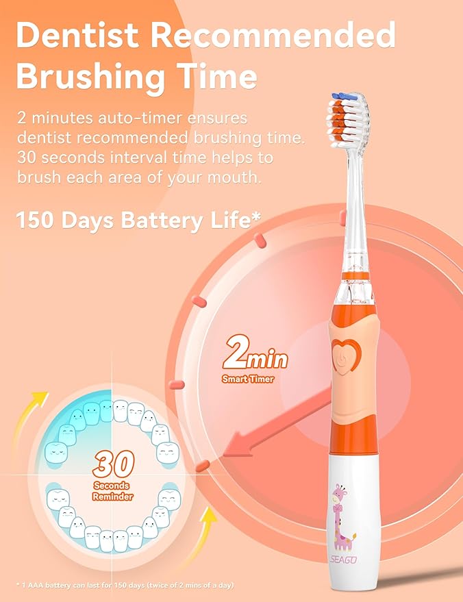 SEAGO Kids Electric Toothbrush with 2 Mins Brushing Timer and 4 Replacement Bursh Heads, Rainbow LED Light Make Brushing Fun, Boys Battery Powerd Toothbrush for 4-12 Years Old，SG-977(Orange)