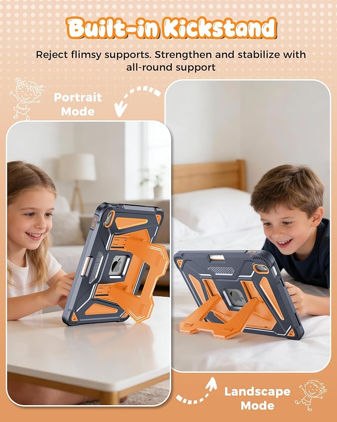 INFILAND Kids Case for iPad A16 11th Generation 11 Inch (2025) iPad 10th Generation 10.9 Inch (2022) Heavy Duty Rugged Shockproof Protective Cover with Dual-Support Folding Kickstand (Black)