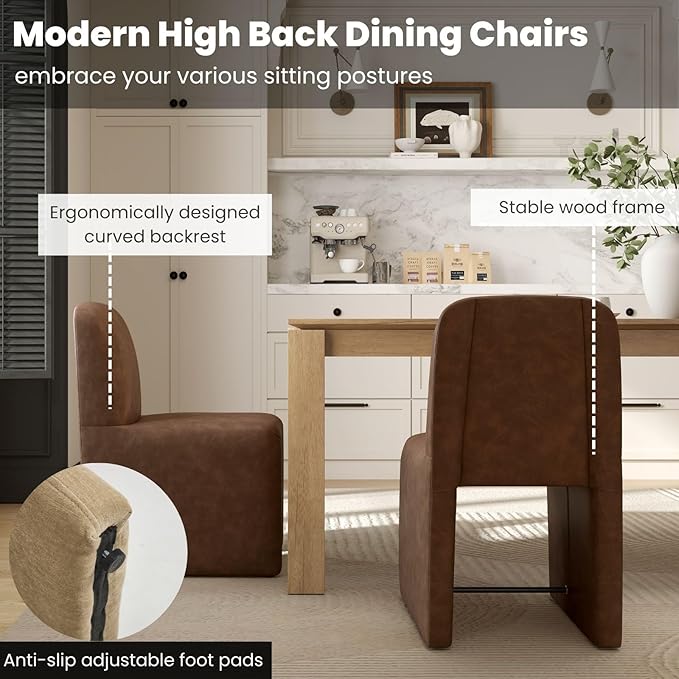 Brown Upholstered Leather Dining Chairs Set of 6, Mid Century Modern Dining Room Chairs with Deep Seat & Curved Back, Armless Side Chair Comfy Kitchen Chairs for Living Room/Kitchen